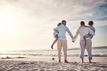 Image showing Back, black family and beach for vacation, support and quality time on break, mockup and summer. Love, African American parents and children on seaside holiday, adventure or journey to relax and sand