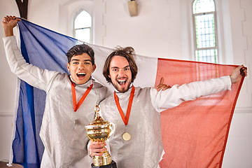 Image showing Fencing, France flag and portrait of men with trophy for winning competition, challenge and match. Sword fighting, sports winner and excited male athletes celebrate with prize for games or tournament