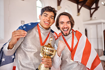 Image showing USA flag, fencing and portrait of men with trophy for winning competition, challenge and sports match. Fitness, sword fighting and excited male athletes celebrate with prize for games or tournament