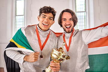 Image showing South Africa flag, fencing and men with trophy for winning competition, challenge and sports match. Winner, sword fighting and portrait of male athletes celebrate with prize for games or tournament