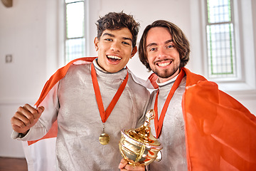 Image showing Flag, fencing and portrait of men with trophy for winning competition, challenge and sports match. Canada, sword fighting and excited male athletes celebrate with prize for games and tournament