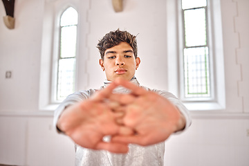 Image showing Sports, fencing and man stretching for training, exercise and workout for competition in studio. Fitness, sword fighting and male person warm up arms getting ready for challenge, match and practice