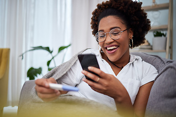 Image showing Pregnancy test, phone and woman share results on social media, internet or online happy for a baby on a home couch. Excited, announcement and young person use cellphone to post positive good news