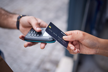 Image showing People, hands and credit card with pos in payment for electronic purchase, delivery or scanning by door. Closeup of customer tap, paying or buying on machine for fintech, transaction or ecommerce