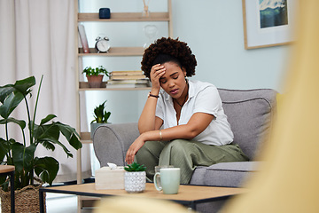 Image showing Headache, woman and stress in home with anxiety, depression and trauma of debt. Sad girl in living room with crisis, psychology problem and pain of mistake, fear and tired of mental health risk