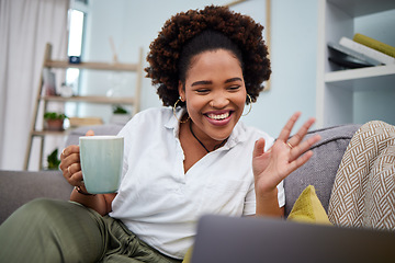 Image showing Woman, coffee and video call on laptop in home for voip communication, internet and chat. Happy African female person wave hello on computer for virtual conversation, online contact and webcam