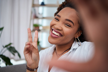 Image showing Happy woman, portrait and peace sign for selfie, photography or social media and blog post at home. Face of excited African female person or photographer smile for photo, picture or peaceful memory