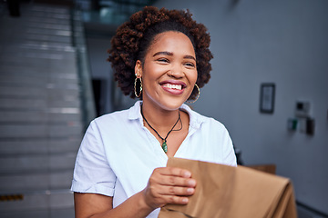 Image showing Delivery, happy customer and a woman at a door with a paper bag from courier at home. Face of a person or a client with a package, parcel or fast food from online shopping, e-commerce or service