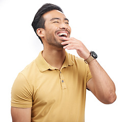 Image showing Laugh, happy and young man in a studio listening to a funny, comedy or comic joke in conversation. Happiness, humor and handsome Mexican person with goofy or silly personality by white background