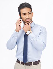 Image showing Smartphone call, studio and confident corporate man, real estate agent or consultant networking, consulting and talking with contact. Thinking, mobile phone or male realtor pose on white background