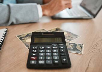 Image showing Calculator, money and hands of accountant with laptop for budget, savings and tax. Computer, auditor and person with calculation for finance, bookkeeping and yuan cash for investment, profit or bills