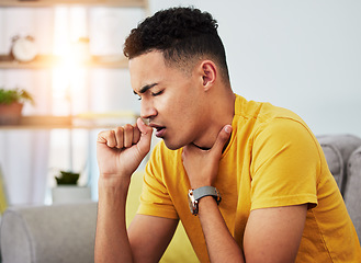 Image showing Man on couch, cough and sore throat with flu, sick and home with inflammation, health issue and cold. Male person, house and guy with recovery from covid, healthcare and illness with chest infection