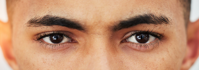 Image showing Banner, closeup and portrait of the eyes of a man for optometry, eye care or microblading. Zoom, eyebrow cosmetics and face of a person or male model with vision, healthcare or contact lenses