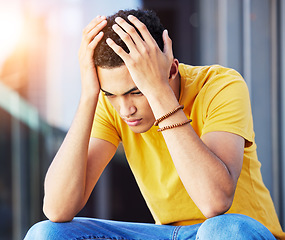 Image showing Depression, man and outdoor of home with stress and problem with headache feeling worried and frustrated. Sad, grief and mental health of a male person with anxiety and tired from thinking of fail