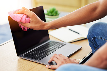 Image showing Hygiene, laptop and closeup of man cleaning his screen to prevent dust, dirt or germs at his desk. Technology, health and male person wipe computer with a cloth for sanitizing or disinfection at home