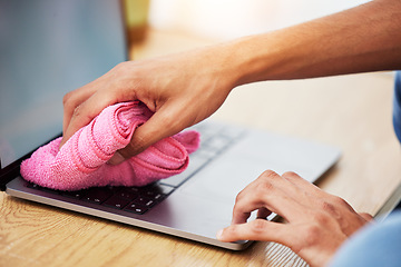 Image showing Hands, wipe and laptop with dust, cleaning and hygiene with a cloth, washing or bacteria. Pc, person or worker with fabric, keyboard or covid compliance with technology, antibacterial or disinfection