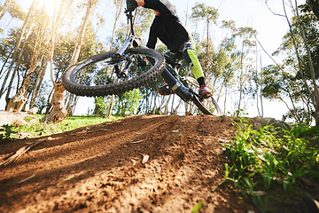 Image showing Bike, jump and dirt with speed in low angle for sports, race and adventure in summer, woods or nature. Extreme cycling, person and outdoor for trail, competition or challenge for fitness in forest