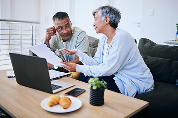 Image showing Senior couple, documents and discussion for mortgage application, finance review and home for planning. Elderly woman, man and paperwork for property, thinking or brainstorming for funding at desk