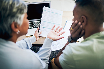 Image showing Senior couple, documents and home for mortgage application, finance review and discussion for planning. Elderly woman, man and paperwork for real estate, thinking or brainstorming for funding at desk