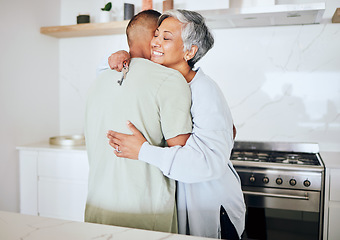 Image showing Senior couple, new home and hug with key, smile and start life together with property investment for retirement. Happy elderly woman, man and embrace for real estate, house or apartment with goal