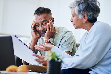 Image showing Senior couple, documents and stress for mortgage application, financial review or home for planning budget. Elderly woman, man and paperwork for property, question and thinking for funding at desk