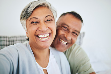 Image showing Happy senior couple, portrait smile and selfie for social media, photography or memory together at home. Excited elderly woman and man in happiness for photo, picture or online post in the bedroom