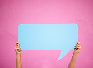 Image showing Social media, hands and communication speech bubble mockup or opinion, review or feedback space for advertising placement. Quote, dialogue box and person with a sign or billboard, banner or chat