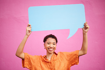 Image showing Woman, speech bubble and quote on social media, mockup or opinion, review and space for feedback or advertising placement. Hands, dialogue box and sign for communication on billboard, banner or chat