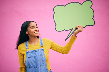 Image showing Woman, speech bubble and quote on social media, mockup or opinion, review and space for feedback or advertising placement. Gen z, dialogue box and sign for communication on billboard, banner or chat