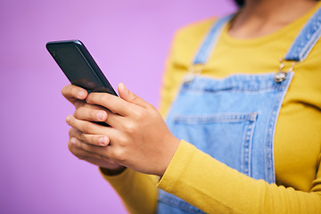 Image showing Phone, search and online with hands of woman for network, social media and communication. Contact, post and technology with closeup of person on pink background for gen z, notification and mobile app