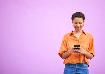 Image showing Gen z, smile and space with woman and phone for network, social media and communication. Contact, post and technology with person on purple background for search, notification and mobile app mockup