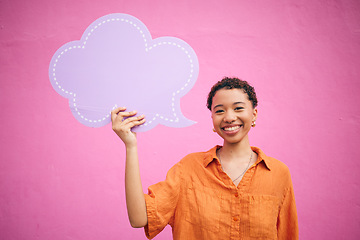 Image showing Speech bubble, quote and woman on social media, mockup or opinion, review and space for feedback or advertising placement. Hands, dialogue box and sign for communication on billboard, banner or chat