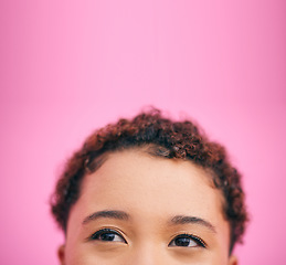 Image showing Thinking, mockup and eyes of a woman on a studio background or wall for a vision, planning or idea. Closeup, young and the face of a girl or person with a solution and space on a pink backdrop