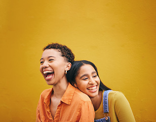 Image showing Happy, friends and space with women on wall background for teenager, youth and smile. Relax, happiness and gen z with face of young girls laughing in city for social, fashion and mockup together