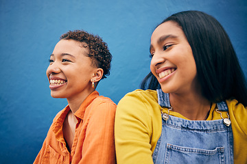 Image showing Happy, friends and student with women on wall background for teenager, youth and smile. Relax, happiness and gen z with face of young girls in urban city for social, fashion and freedom together