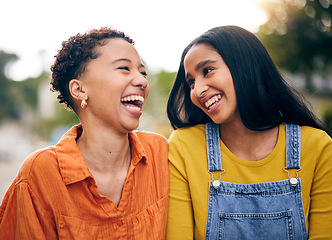 Image showing Happy, garden and girl friends in park with laugh and funny joke with bonding and gossip outdoor. Gen z, young people and smile with friendship, freedom and holiday with joy on student vacation