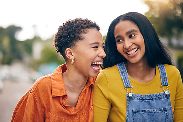 Image showing Happy, women and friends in park with laugh and funny joke with bonding and gossip outdoor. Gen z, young people and smile with female friendship, freedom and holiday with joy on student vacation