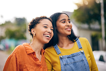 Image showing Happy, smile and girl friends in park with laugh and funny joke with bonding and gossip outdoor. Gen z, young people and relax with female friendship, freedom and holiday with joy on student vacation