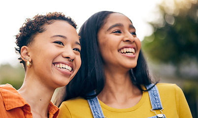 Image showing Happy, women smile and girl friends in park with laugh and funny joke with bonding and gossip outdoor. Gen z, young people and smile with female friendship, freedom and holiday with joy on vacation