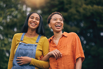 Image showing Happy, walk and girl friends in park with laugh and funny joke with bonding and gossip outdoor. Gen z, young people and smile with female friendship, freedom and holiday with joy on student vacation