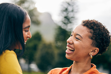 Image showing Outdoor, women and friends in park with laugh and funny joke with bonding and gossip. Gen z, young people and smile with happy female friendship, freedom and holiday with joy on student vacation