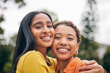 Image showing Portrait, outdoor and queer couple hug, pride and quality time with happiness, marriage and romance. Face, happy women and lesbians embrace, nature and smile with a relationship, support and love