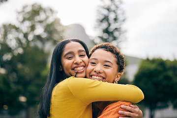 Image showing Outdoor, portrait and queer couple hug, love and happiness with a marriage, relationship and smile. Lgbtq, happy women and female people in a park, pride and romantic with freedom, date and embrace