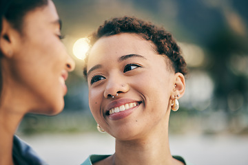 Image showing Lesbian, couple and young women outdoor, smile and love with gay relationship and pride with travel. Female people, gen z youth and happiness, lgbtq community and trust, romance and date in nature