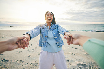 Image showing Love, funny and a couple on the beach together for fun at sunset during summer vacation or holiday. Nature, trust and romance with a woman laughing on the sand while on a date with her girlfriend