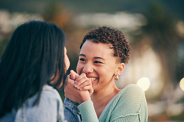 Image showing Holding hands, outdoor and lesbian couple with love, marriage or happiness with romance, relationship or romantic. Lgbtq, female people or bonding with gesture, loving together or smile with equality