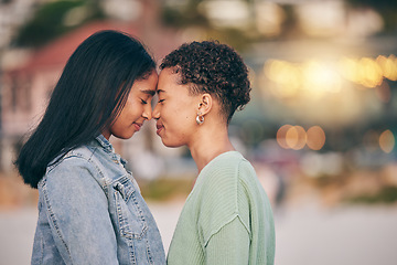 Image showing Lesbian, couple and forehead touch with love on outdoor, date and calm moment on the beach with support of partner in relationship. Happy, women and face together with peace, kindness and affection