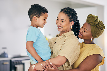 Image showing LGBT, kid and happy couple hug, care and smile for home bonding, child support and enjoy quality time together. Family, hugging and gay people, queer mothers or lesbian women connect with adopted son