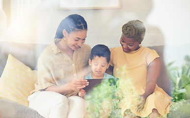 Image showing Tablet, gay family and child on a home sofa for internet, streaming and e learning. Adoption, lesbian or LGBT women or parents and a kid together in a living room with tech for game, app or video