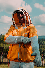 Image showing Beekeeper put on a protective beekeeping suit and preparing to enter the apiary